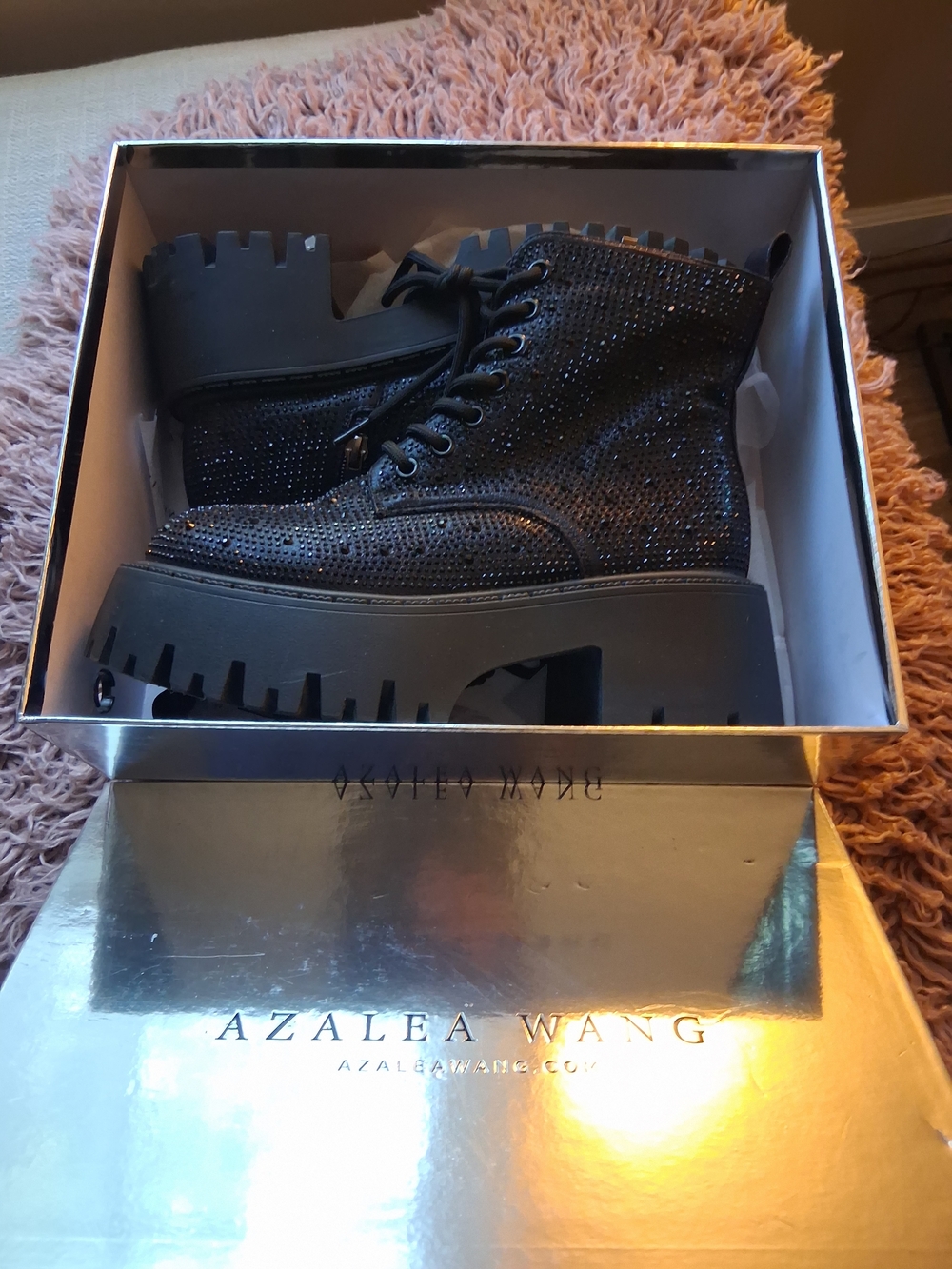 Azalea Wang Women's Black Rhinestone Lace-Up Platform Boots - Picture 3 of 3
